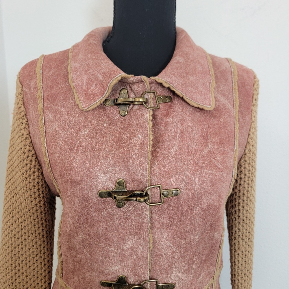 VTG Y2K Wool Faux Shearling Knit Toggle Cardigan Jacket Large Retro Boho Western - Picture 3 of 16